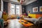 A cool pop art-inspired children\\\'s room with bright, flashy toys and retro furniture.