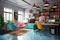 A cool pop art style office with bright flashy appliances and retro furniture.