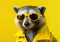 Cool raccoon in sunglasses posing in front of a colorful background.