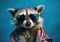 Cool raccoon in sunglasses posing in front of a colorful background.