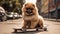 Cool red ginger fluffy dog spitz in sunglasses riding a skateboard down the street funny pets generative AI