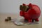 Cool red piggy bank with golden glasses with euro coins and note