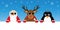 Cool reindeer santa and penguin cartoon with sunglasses on snowy