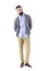 Cool relaxed smart casual guy in cardigan with hands behind leaning on side.