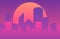 Cool retro futuristic synthwave background cityscape and gigantic pink planet or sun silhouette. Vector flat design on dark sci-fi