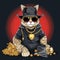 Cool rich gangster boss cat hipster with sunglasses, hat, headphones. generative ai