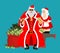 Cool Rich Santa and girl. Red bag with money. Claus with cigar a