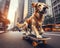 cool skater dog riding a skateboard on the street in the city