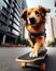 cool skater dog riding a skateboard on the street in the city