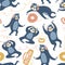 Cool sloths at the party, listening to music, dancing and sleeping. Vector seamless pattern design. Hand drawn cute animals