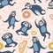 Cool sloths at the party, listening to music, dancing and sleeping. Vector seamless pattern design. Hand drawn cute animals isolat