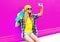 cool smiling woman taking selfie picture by smartphone with skateboard wearing colorful yellow hat on pink