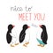 Cool sticker in cartoon style. Meeting the penguins. The typographic slogan is nice to meet you. Vector illustration