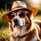 Cool summer vibes, dog wearing sunglasses and straw hat
