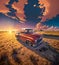 Cool sunset farmland image of truck in rural setting