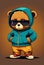 Cool teddy bear in tracksuit. Rapper, dancer, hipster