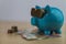 Cool turquoise piggy bank with golden glasses with euro coins an