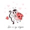 Cool valentine card with ladybug amur. Funny winged insect ladybird with with arrow and hearts. Love is my religion
