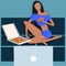 Cool vector concept illustration on woman sitting on couch watching laptop.