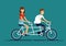 Cool vector flat design happy young man and woman characters couple riding tandem bicycle isolated. Young hipsters