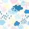 Cool watercolour rainy clouds, raindrops, falling leaves background