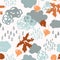 Cool watercolour rainy clouds, raindrops, falling leaves background