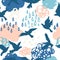 Cool watercolour rainy clouds, raindrops, flying birds background in scandinavian style