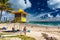 COOLANGATTA, AUS - MAY 01 2017, Snappers rock and Rainbow Bay beach with lifeguard tower, Gold Coast, Australia