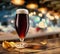 Cooled glass of dark beer on the wooden table. Blurred pub interior at the background