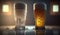 Cooled glass of pale beer with condensation drops on glass surface, Generative Ai