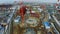 Cooling tower construction site with crane aerial panorama