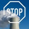 Cooling tower of a power plant with stop sign overlay