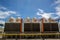 Cooling towers in data center building. Air conditioning cooling towers in front of building with fins to the front. Industrial co