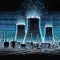 Cooling towers of nuclear power plant against digital image of cityscape, generative ai