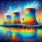 Cooling towers of nuclear power plant on the background of the river, generative ai