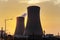 The cooling towers of nuclear power plants in the sunset