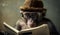 A coolly dressed monkey wearing a hat and glasses sits and reads a book. Generative AI