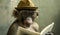 A coolly dressed monkey wearing a hat and glasses sits and reads a book. Generative AI