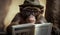 A coolly dressed monkey wearing a hat and glasses sits and reads a book. Generative AI