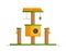 Coop with a cat house, toys and a seat. Vector illustration of cat home.