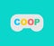 Cooperative game sign. Coop game logo. Video game icon for two joysticks. Play together on a video console