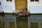 Coot family build their nest of waste material in front of the door of a canal house in Delft, Netherlands