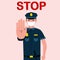 A cop in a medical protective mask makes a STOP gesture with his hand. Quarantine Control. Coronavirus Prevention. Vector