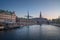 Copenhagen Canal Skyline and Slotsholmen with Borsen and Christianborg at sunset - Copenhagen, Denmark