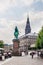 Copenhagen, Denmark. Looking from Hojbro Plads square with statue of warrier bishop Absalon to Christianborg Palace