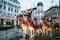 Copenhagen / Denmark - November 2019: Reindeer family with Santa Claus sleigh in the main square in Copenhagen. Scandinavian