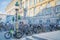 Copenhagen, Denmark. November 27, 2018. Bicycles on bicycle parking in front of the Danish Parliament building. Christiansborg