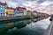 Copenhagen. Nyhavn Canal, colorful houses and city embankment at sunrise.