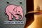 Copper brewing tank and pink elephant outside Brewery Huyghe, brewery of beer Delirium Tremens