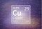 Copper chemical element with first ionization energy, atomic mass and electronegativity values on scientific background